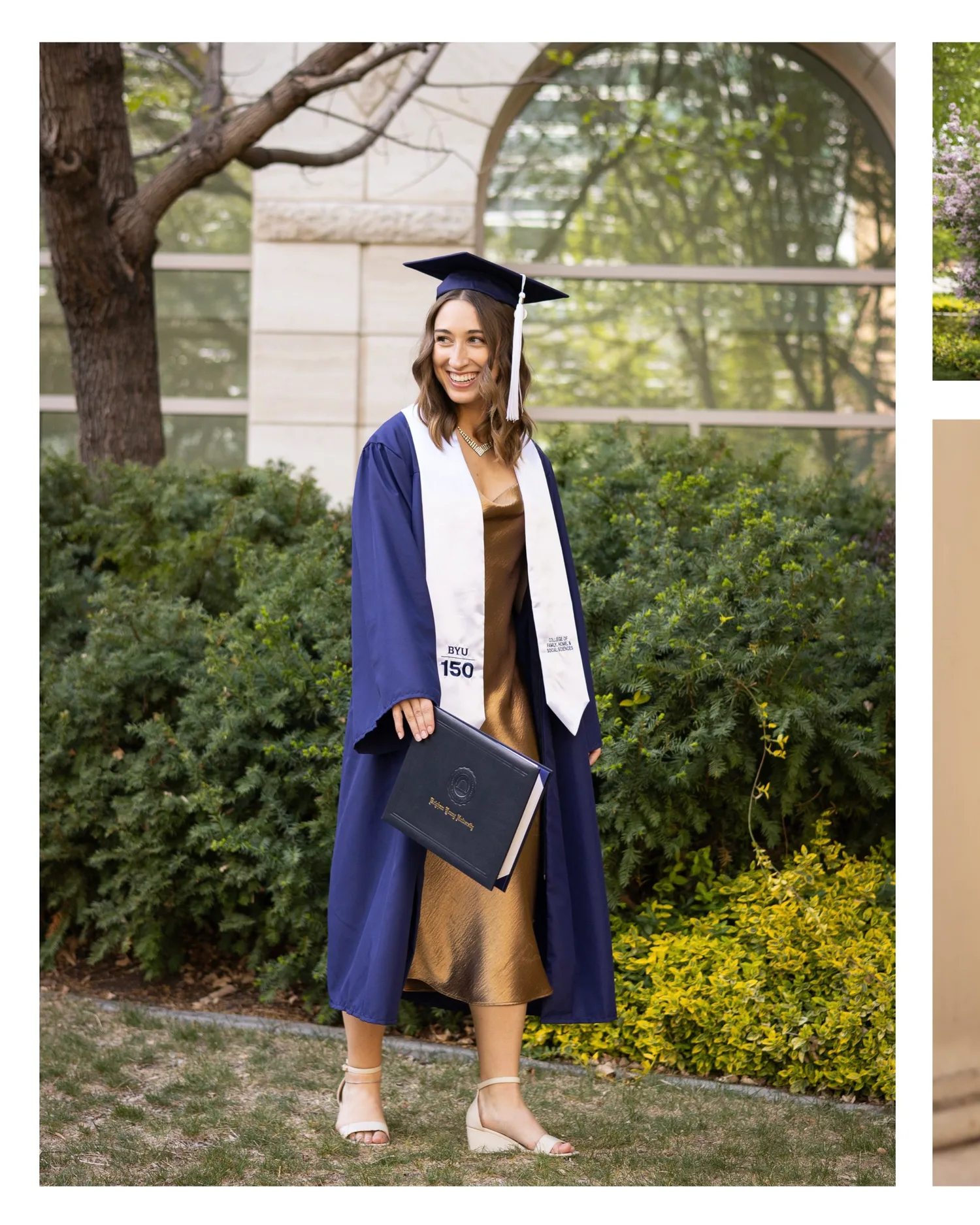 College graduate in a navy gown and white stole holding her diploma cover