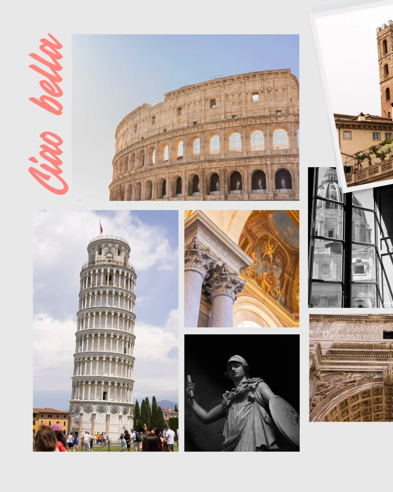 Travel photo collage from Italy with the Colosseum and the Leaning Tower of Pisa